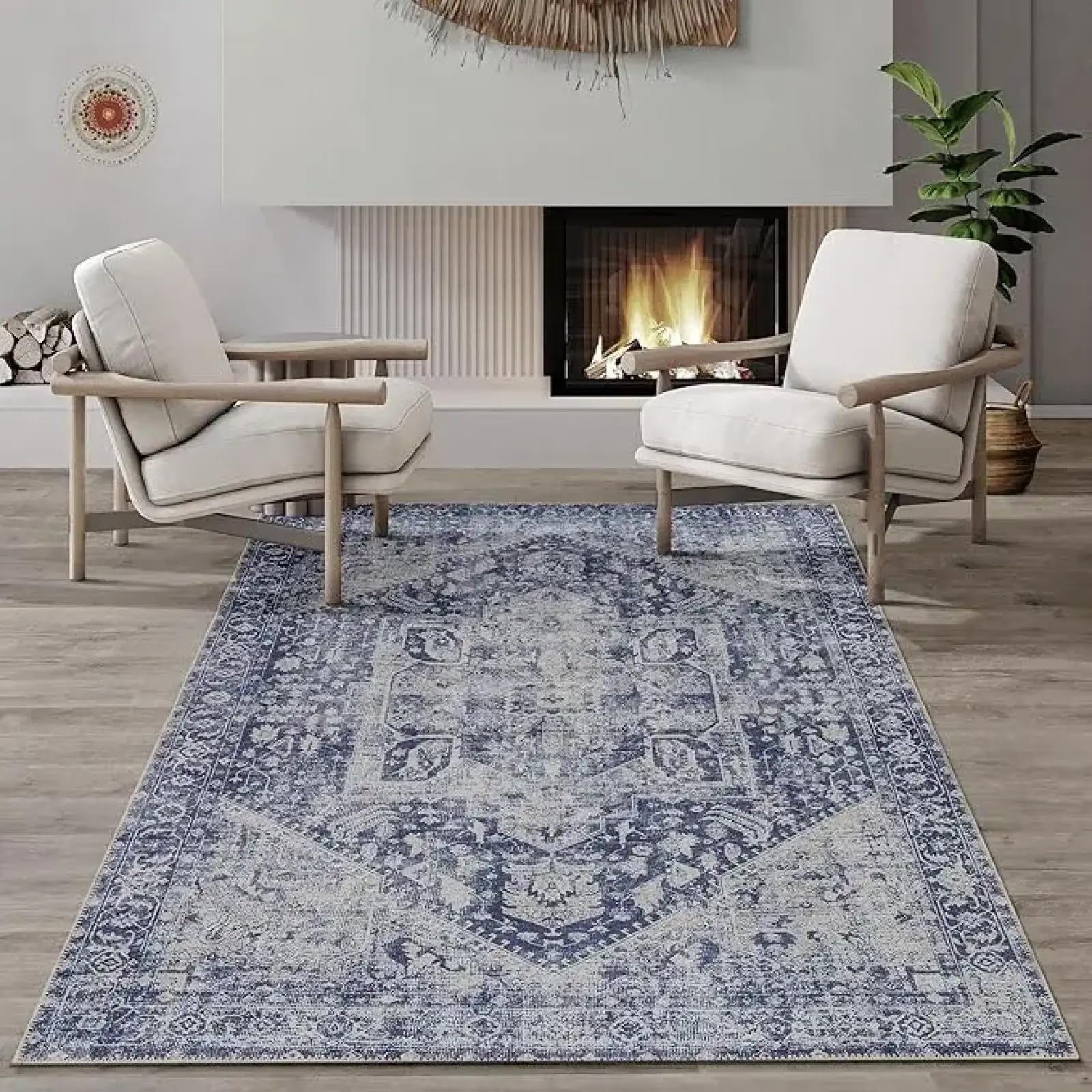 Amazon.com: Blue Floral Vintage Living Room Rug Non Slip Washable